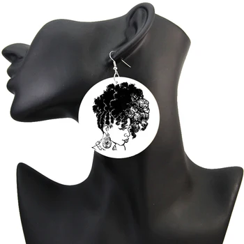 SOMESOOR Derliaus Afrikos Garbanotas Moters Portretas Mediniai Lašas Auskarai Afro Natūralių Plaukų Dizaino Dvigubo Pusių Spausdinimo Papuošalai 1Pair