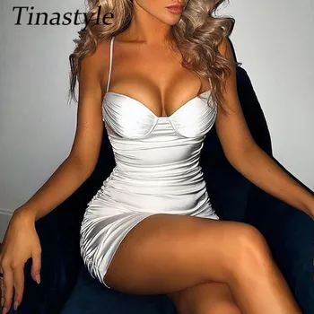 Tinastyle Balta Stebėjimo Seksualus Bodycon Suknelė Moterims Spageti Dirželis Klostuotas Mini Šalies Rožinė Suknelė Atsitiktinis Ruched Klubas Vestidos