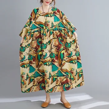 Trumpas rankovės medvilnės derliaus gėlių suknelės moterims atsitiktinis palaidų ilgai moteris, vasaros suknelė elegantiškas drabužius 2021