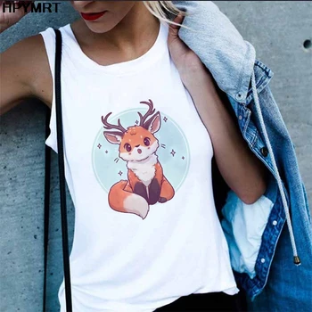 Vasaros kawaii fox spausdinti tankų Moterų mielas Liemenė moteriška Harajuku Seksualus baltas viršūnes rankovių drabužių Streetwear Draugei dovana