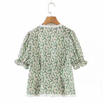 Vasaros Moterų marškinėliai 2021 Trumpas Rankovės Apkarpyti Viršūnes Single-Breasted Gėlių Spausdinti Atsitiktinis Mados nėriniai Dizaino Streetwear Chic