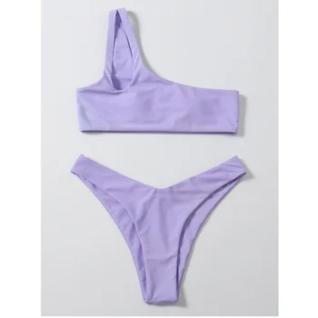 Violetinė Vieną Petį Nėrinių Bikini Rinkiniai Moterims Maudymosi Kietas Bikini 2021 Mujer Push Up Raišteliu Maudymosi Kostiumas, Kaklaraištis, Maudymosi Kostiumėliai 05