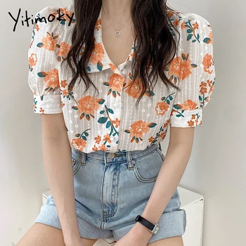 Yitimoky Spausdinti Moterų Marškinėliai Vasaros Gėlių Trumpas Sluoksniuotos Rankovėmis Korėjos Drabužių Mados Atsitiktinis Derliaus Viename Krūtinėmis Naujus Moteriškus Viršų