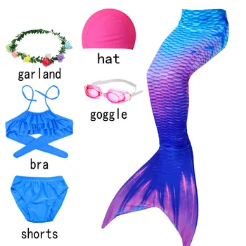 Zeemeerminstaart maudymosi kostiumėlis mergaitėms, vaikams, paplūdimio bikini kostiumas kostiumas suknelė plaukimo kepuraitė plaukimo akiniai apatiniai mėlyna
