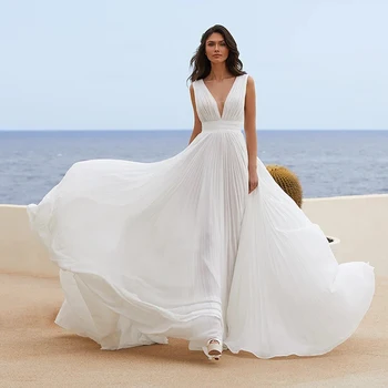 2021 Chalatas de Mariee Boho Vestuvių Suknelė, Elegantiškas Plisuotos Nuotakos Suknelė Gilia V-kaklo, Šifono Paplūdimio Nuotakos Suknelė Vestido de Novia