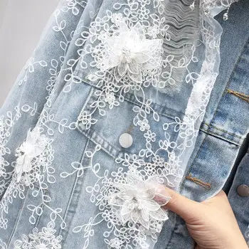 2021 m. Rudenį Moterys džinsinio striukė diamond balta siuvinėjimo tinklelio, gėlių derliaus džinsinio audinio paltą moteris ilgomis rankovėmis prarasti atsitiktinis striukė