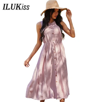 2021 Mados Moterų Midi Suknelė Juoda Vasaros Rankovių Slim Mygtuką Apvalios Kaklo Rožinės Spalvos Paplūdimio Suknelės Elegantiškas Vestidos Ponios Drabužiai