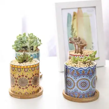 4pcs/set Mandala Keramikos Augalų, Gėlių Vazonas Spalvingas Geometrines Spausdinimo Raundo Succulents Bonsai plantatorius Dėklas Sodo Dekoro