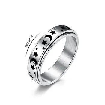 6mm Moon Star Ring Stainless Steel Spinner Ring for Women Men Size 5-12
