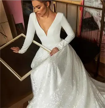 Boho Nėrinių Vestuvių Suknelės 2021 ilgomis Rankovėmis V-kaklo, Boho Vestuvinės Suknelės Satino Backless Balta Vestido de noiva Plius dydis, pagaminti pagal užsakymą,