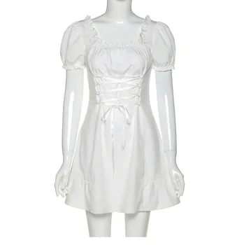 Derliaus Elegantiška Balta Vasaros Suknelės Šviesos Seksuali Mini Suknelė Moterims Atsitiktinis Sluoksniuotos Rankovėmis Aikštėje Apykaklės Lankas Bodycon Tvarstis Šaliai, Skraistės
