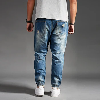 Dydis 42 44 46 48 dydžio vyriški džinsai classic ruožas Haremo kelnės prarasti riebalų kojos padidinti streetwear Atsitiktinis Pluošto kojų džinsai