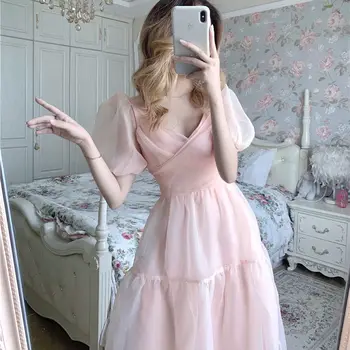 Elegantiškas Dizainerio Suknelė Moterims prancūzijos Rožinė Tvarstis Suknelė Atsitiktinis Sluoksniuotos Rankovėmis Slim Nėriniais, Šifono Suknelė 2021 M. Rudenį moteriški Drabužiai