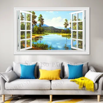 Ežeras Kalnų Kraštovaizdžio Sienos Meno 3D Imitacija Lango Dizainas, Paveikslai Tapyba Nuotraukų, Plakatų Ir grafikos Namų Kambarį Dekoro