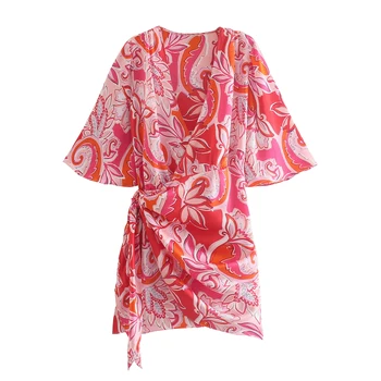 FELIN Za 2021 Paplūdimio Stilių Raudona Gėlių Seksuali Mini Suknelė trumpomis Rankovėmis Plisuotos V Kaklo Vasaros Suknelė Varčias Elegantiškas Mujer Vestidos