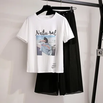 ICHOIX Moterims, 2 vnt rinkiniai balta raidė t-shirt viršūnes kelnes rinkiniai L-3XL Plius dydis drabužių dviejų dalių vasaros komplektus korėjos stiliaus