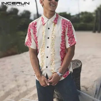 INCERUN 2021 Vyrų Marškinėliai Gėlių Spausdinti Atvartas trumpomis Rankovėmis Mygtuką Kvėpuojantis Vasaros Havajų Marškinėliai Streetwear Atsitiktinis Camisas S-5XL