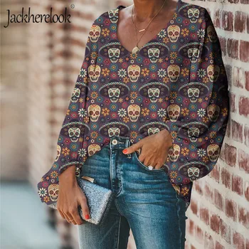 Jackherelook Moterų Stilingas Palaidinės ilgomis Rankovėmis ir V Apykaklės 3D kaukolė Projektavimo Biuras Laisvalaikio marškinėliai Marškiniai Plius Dydis Blusas Femininas