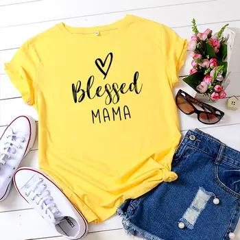 Juoda Palaimino MAMA Laiškas Spausdinti Marškinėlius Moterų-Motinos Diena Drabužių Priedai Atsitiktinis Trumpas Rankovėmis marškinėliai Poliesteris 2021