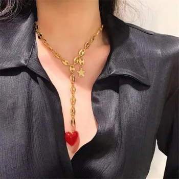 Kshmir Retro naujas metalo aukso raudona širdies pakabukas karoliai moteris banga raktikaulis megztinis grandinės, papuošalai, dovanos, didmeninė 2021
