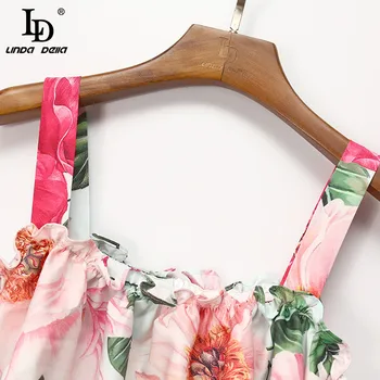 LD LINDA DELLA Naujas 2021 Moterų Vasaros Mados kilimo ir tūpimo Tako Trumpa Suknelė Elegantiška Skara Spageti Dirželis Gėlių spausdinti Atostogų Mini Suknelė