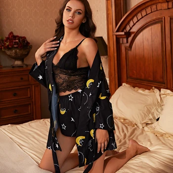 LIEPOS DAINA 3 Vnt Sexy Nėrinių Pižama Nustatyti Šifono Moterys Vasarą Sleepwear Skraiste Šortai Star Homewear Ištaigingas Dėvėti Seksualus Pyjama