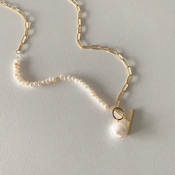 LOVOACC Elegantiškas Natūralių Gėlavandenių Perlų Vėrinį Moterų Aukso Stambusis Nuorodą Grandinės Asymmety Perjungti Užsegimas Ratas Chokers Karoliai