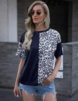 Mada vasarą moteris tshirts ponios leopardas spausdinti sujungimas apvalios kaklo trumpomis rankovėmis T-shirt tees vintage drabužių viršūnes vestidos