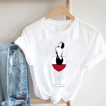 Mados Drabužius Spausdinti Moterų Spausdinimo Drabužių Vyno Lady Trumpas Rankovės Atsitiktinis 90-ųjų Animacinių filmų Tee Viršuje Marškinėlius Moterų Grafinis T-shirt