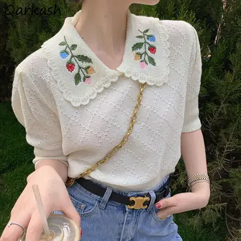 Marškinėliai Moteriški Žibintų Rankovės Konkurso Elegantiškas prancūzų Stiliaus Gėlių Kawaii Mergaitišką Ulzzang Vintage Retro Viršūnes Moterų Vasaros Ins