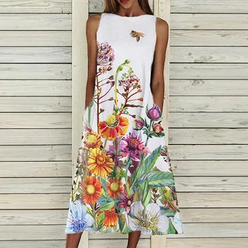 Moterims, Elegantiška Suknelė Vasaros Gėlių Spausdinti Rankovių Ilgio Suknelės Mados Apvali Kaklo-Line Kišenėje Moteriška Suknelė Plus Size Vestidos