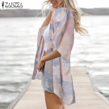 Moterims Gėlių Spausdinti Palaidinė 2021 ZANZEA Vasarą tie Dažai susagstomi megztiniai Kimono Pusė Rankovės Blusas Moterų Paplūdimio Padengti Iki Viršūnės