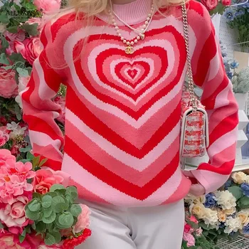 Moteris megztiniai Y2K Estetika Širdies Dryžuotas Golfo Puloveriai E-girl Saldus ilgomis Rankovėmis Hot Pink Harajuku 90-ųjų Rudenį Trikotažas