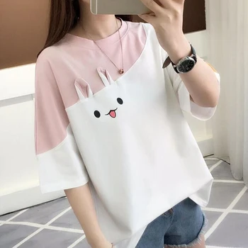 Moterų Mielas Rožinis Triušis T Shirts Mielas Morkų Trumpas Rankovės Anime Katytė Tee Viršūnes Mori Mergina Kawaii T-Shirt