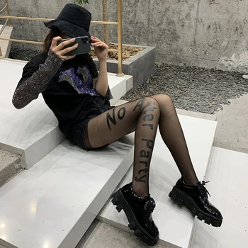 Moterų Sexy-Ultra Plonas Vien Tatuiruotė Triko Laiškai Spausdinami Šilkiniai Kojis Kojinės Šokių Grupė Black Pėdkelnės Clubwear