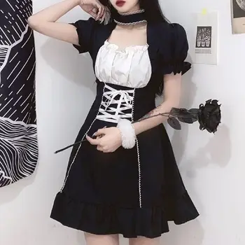 Moterų Suknelė Tamsiai Gothic Punk Harajuku Lolita Dress Šalies Kvadratinių Kaklo Sluoksniuotos Rankovėmis Vasarą Streetwear Kawaii Tarnaitė Suknelė Cosplay
