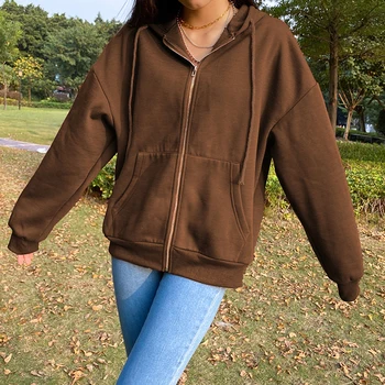 Moterų Y2K Estetinės Derliaus Hoodies vientisos Spalvos ilgomis Rankovėmis Zip Iki Palaidinukė Negabaritinių Gobtuvu Kailis 90s Streetwear