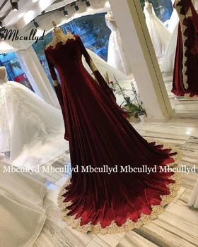 Musulmonų Bordo Vakaro Suknelės 2021 Linijos, V-kaklo, ilgomis Rankovėmis Aukso Nėrinių Dubajus Abaja Saudo arabų Maroko Ilgai Promenadzie Suknelė