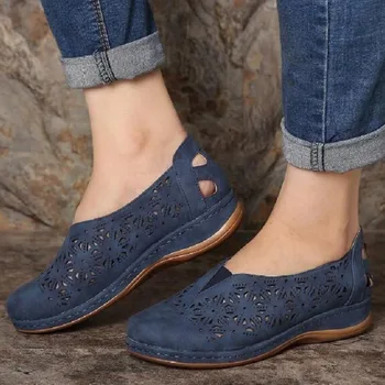 Naujas Moters Odos Vintage Sandalai Moteriška Tuščiaviduriai Iš Pleištai Platforma Batai Plius Dydis Moterų Vasarą užsivilkti Šviesą Mokasinai Sandalai