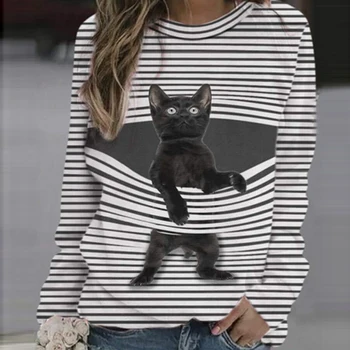 Naujas Moterų Gatvės Marškinėliai Mados Cute Kačių Spausdinti Lady Stripe Marškinėliai Atsitiktinis Palaidų O-Kaklo, Ilgomis Rankovėmis Moteriška Megztinis Marškinėliai