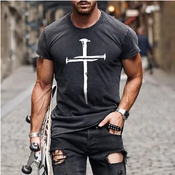 Naujas retro vyriški T-shirt Jėzaus Kristaus kryžiaus atspausdintas T-shirt atsitiktinis mados vyrų prarasti apvalios apykaklės T-shirt slim top marškinėliai
