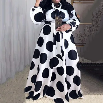 Naują Pavasario Polka Dot Spausdinti Suknelė Moterų Plius Dydis-ilgomis Rankovėmis Elegantiškas Retro Afrikos-line Maxi Vestidos Mujer Femme Ilgai Skraiste