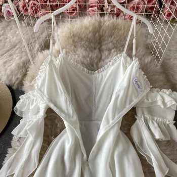 Paplūdimys Balto Šifono Suknelė 2021 M. Vasaros Apdaras Seksualus Off Peties Ins Elegantiškas Ruffles Backless Diržas Moterų Vestidos Maxi Suknelė