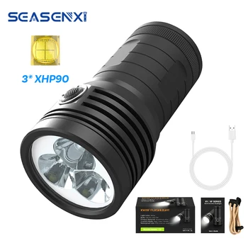 SEASENXI Super Ryškus LED Žibintuvėlis 3*XHP90 Prožektorius Žibintuvėlis Built-in 4 x 18650 Baterija Bankas Įkrovimo Lemputė