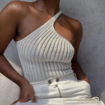 Sexy Vasaros Megzti Pasėlių Viršuje Moterų 2020 M. Elegantiškas Vieno Peties Balta Žalia Pagrindinio Streetwear Mezgimo Briaunoti Viršūnes Camisole