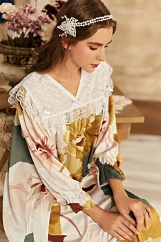 Sleepwear Moterų Dress Satino Pižamą Ponios Romantiška Nightdress ilgomis rankovėmis