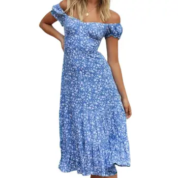Suknelės moterims 2021 Off Peties Spausdinti Trumpas Sluoksniuotos Rankovėmis Jungiamąją Slim Midi Suknelė Sundress Paplūdimyje Vasarą moteriški Drabužiai