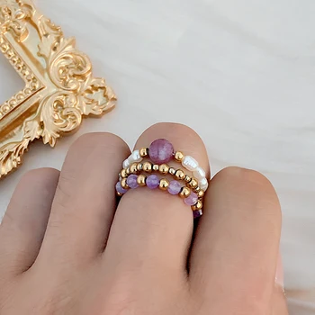 Svajonė Violetinė Kvarco Natūralaus Akmens Žiedai su Nerūdijančio Plieno Granulės bižuterijos Rinkinys Gėlavandenių Perlų Žiedai Elastinga Kolonėlė
