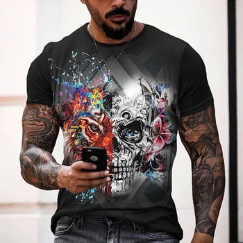 Vasarą naujų kaukolė elementas stiliaus apvalios kaklo marškinėliai Vyrų Mados 3D Spausdinimo Atsitiktinis Trumpas Rankovės Harajuku marškinėliai, topai