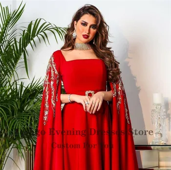 Verngo 2021 Raudona Satino Linija Caftan Vakaro Suknelės Ilgai Žaliojo Karoliukai, Aplikacijos Siuvinėjimo Dubajus Arabų Moterų Oficialų Prom Chalatai